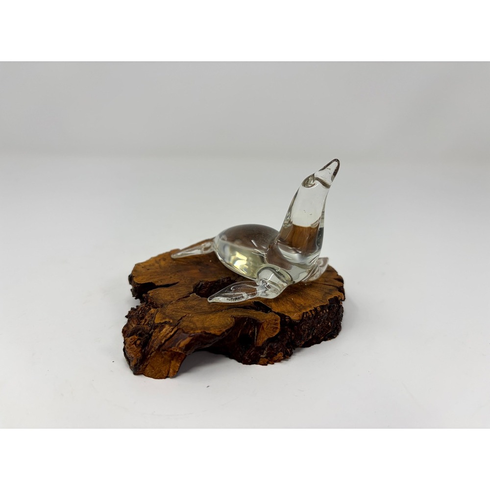 Vintage Lucite Seal Figurine on Natural Wood Burl Base Clear Acrylic Sea Lion